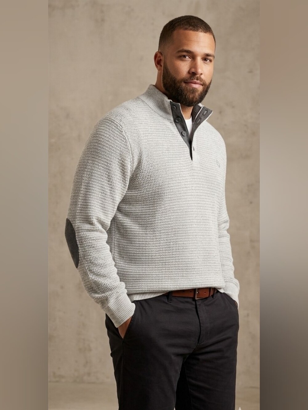 Chaps Men's Cream Knit Textured Half-Placket Sweater with Gray Elbow Patches XXL